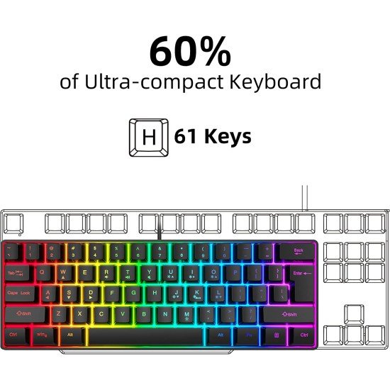 61 Keys RGB Backlit 60% Wired Gaming Keyboard and Mouse Combo Typist Quiet Ergonomic Waterproof Mini Compact 60 Percent Keyboard for PC Mac PS4 Xbox Gamer Travel 